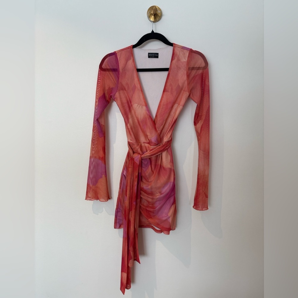 White Fox Sheer Mesh Wrap Mini Dress – Sunset Pink/Orange (XS)